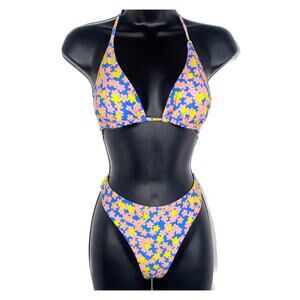 New Small Floral Daisy Blue Print Triangle Bikini Halter Triangle Swimsuit‎ Y2k